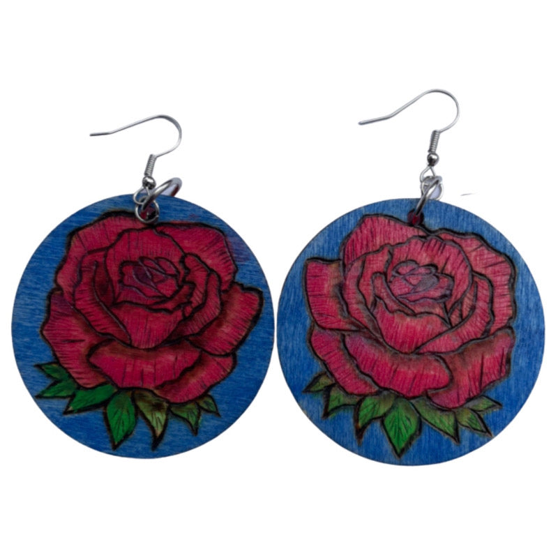 Red Roses Earrings Handmade Wood Burned and painted Fashion Light Weight Round