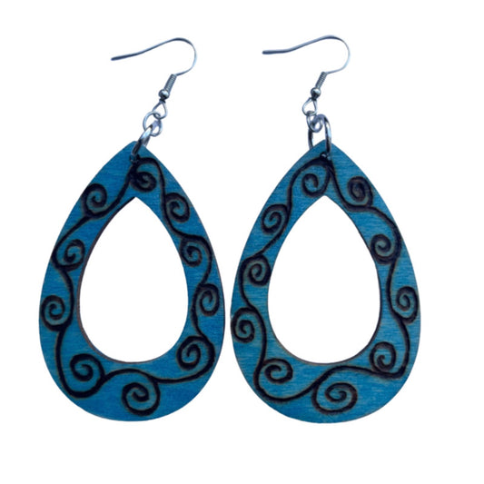 Pendientes de vides azules Madera hecha a mano quemada y pintada Moda Peso ligero Hallow Teardrop