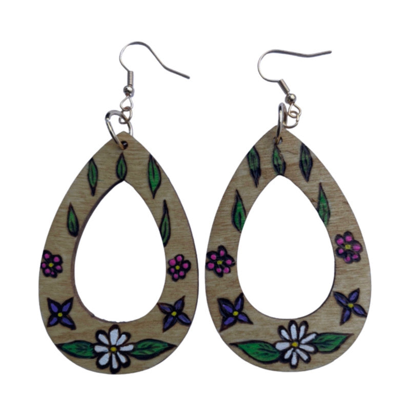 Floral Earrings Handmade Wood Burned and painted Fashion Light Weight Hallow Teardrop