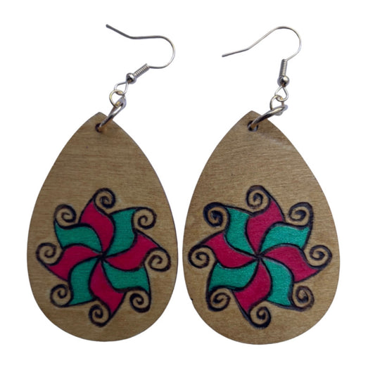 Red Green Gold Earrings Handmade Wood Burned and painted Fashion Light Weight Teardrop