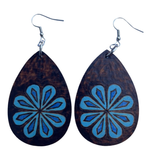 Blue Flower Earrings Handmade Wood Burned and painted Fashion Light Weight Teardrop