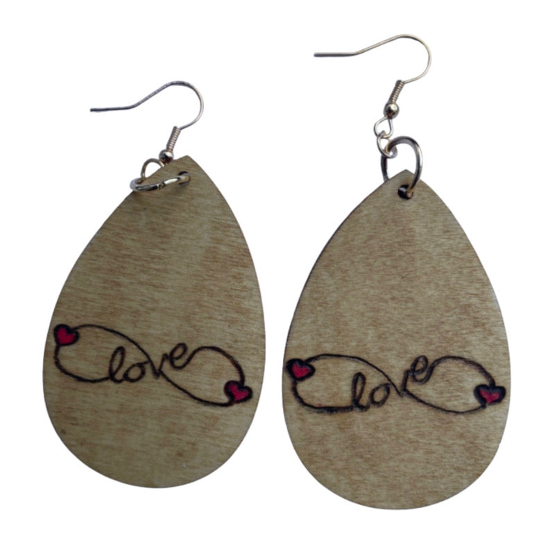 Pendientes Love Infinity hechos a mano madera quemada y pintada moda lágrima ligera