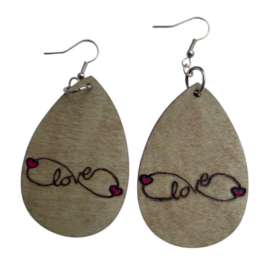 Pendientes Love Infinity hechos a mano madera quemada y pintada moda lágrima ligera