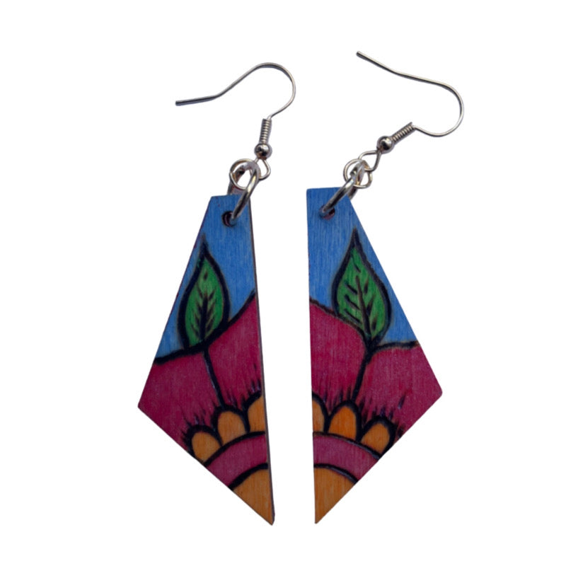 Pendientes florales azules rojos hechos a mano madera quemada y pintada moda peso ligero