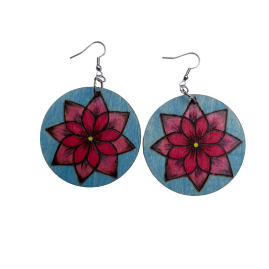Pendientes de flores rojas hechos a mano madera quemada y pintada moda lágrima ligera