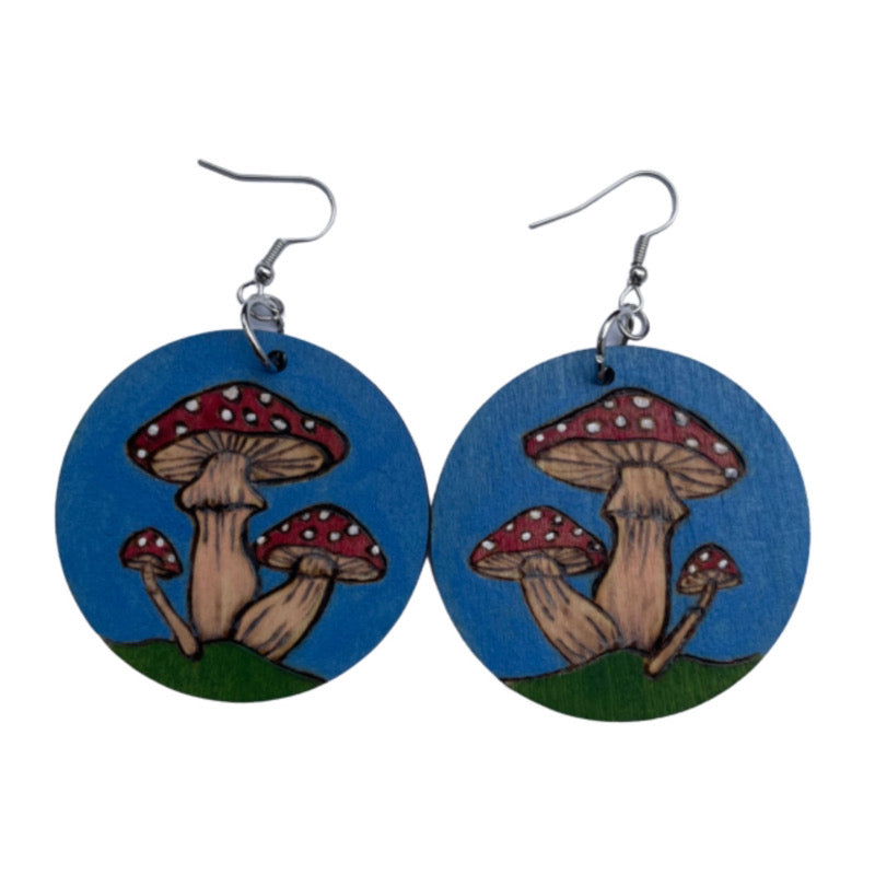 Mushrooms Earrings Handmade Wood Burned and painted Fashion Light Weight Round