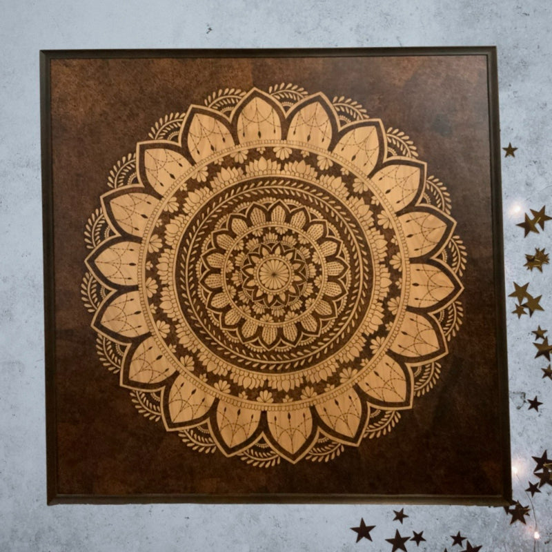 Framed Big Mandala Handmade Wood Burned Art on Birch Plywood - East West Art Creations
