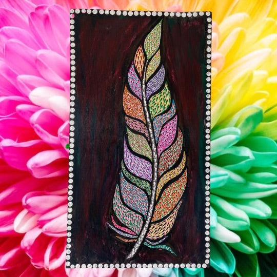 Feather Colorful Intricate Dot Art on Plywood - East West Art Creations