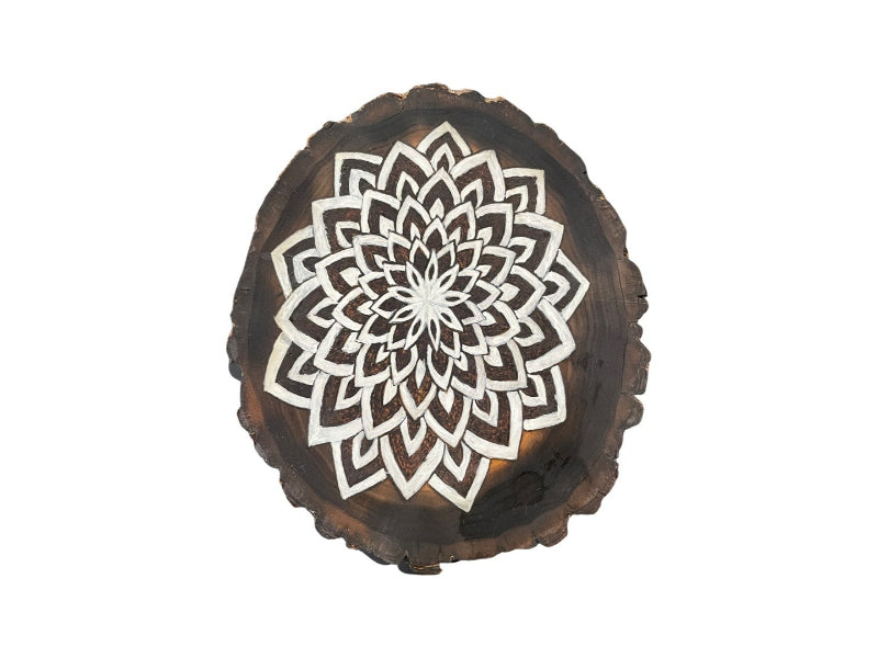 White Mandala with Acrylic Paint Wood Burned Art - East West Art Creations
