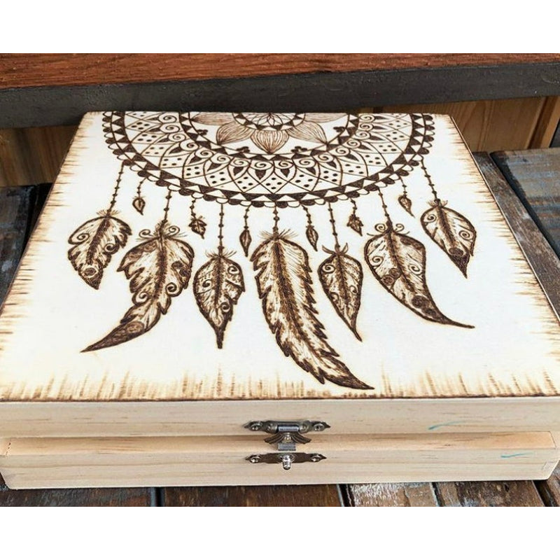Dream Catcher Keepsake Box Wood Burned Art - East West Art Creations