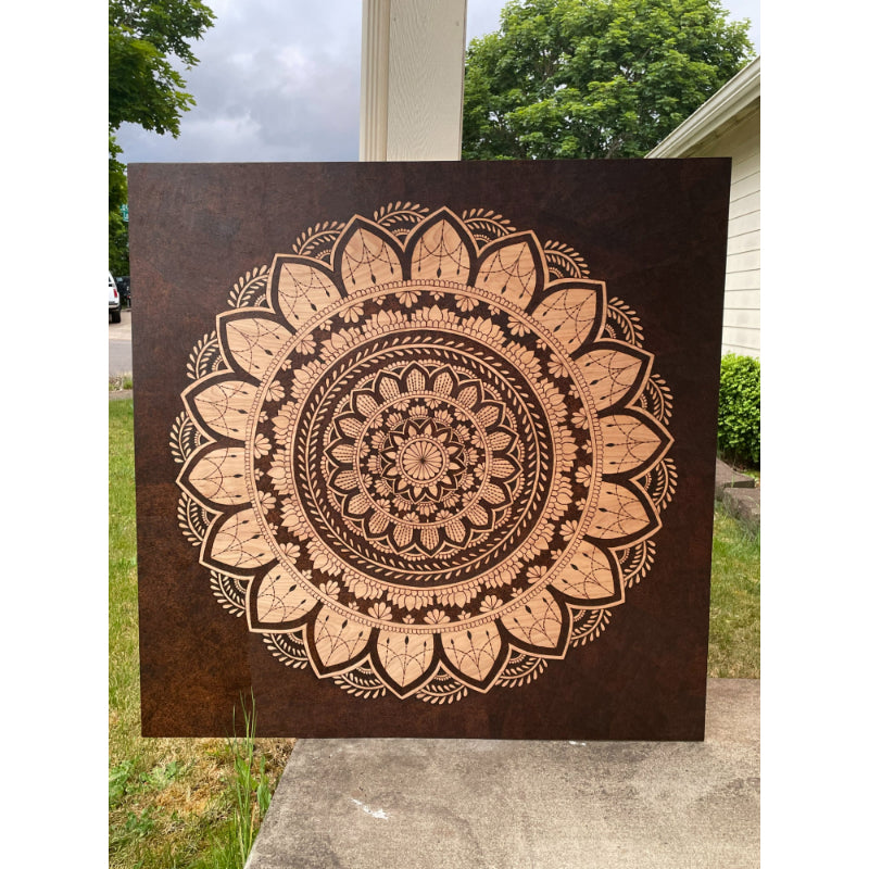 Framed Big Mandala Handmade Wood Burned Art on Birch Plywood - East West Art Creations