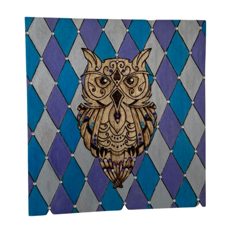 Owl Painted Diamonds and Rhinestone Wood Burned Pyrography Art