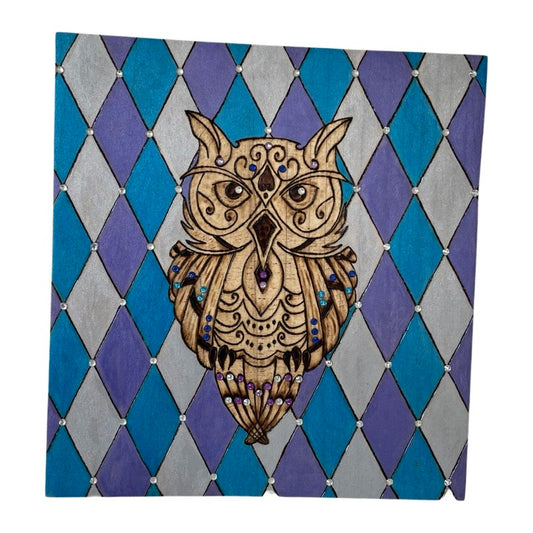 Owl Painted Diamonds and Rhinestone Wood Burned Pyrography Art