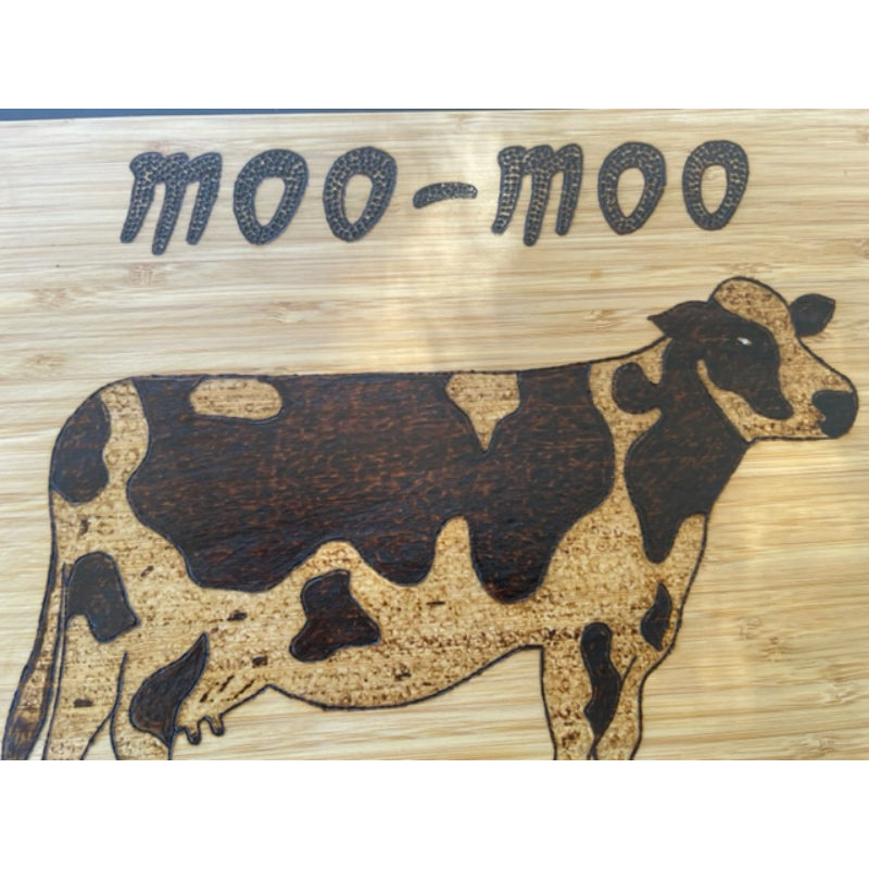 MOO-MOO I LOVE YOU Bamboo Cutting Board Wood Burned Kitchen Decor - East West Art Creations