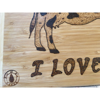 MOO-MOO I LOVE YOU Bamboo Cutting Board Wood Burned Kitchen Decor - East West Art Creations