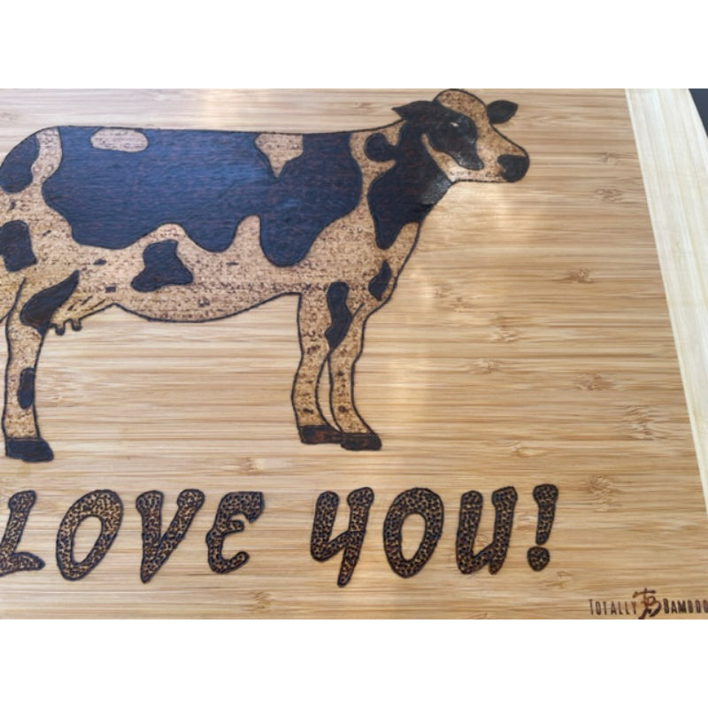 MOO-MOO I LOVE YOU Bamboo Cutting Board Wood Burned Kitchen Decor - East West Art Creations