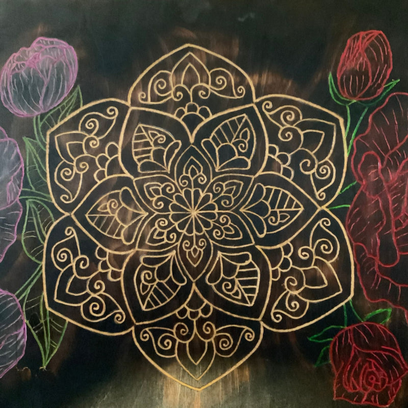 Carved Mandala Roses Peonies Handmade Wood Burned Wall Art - East West Art Creations