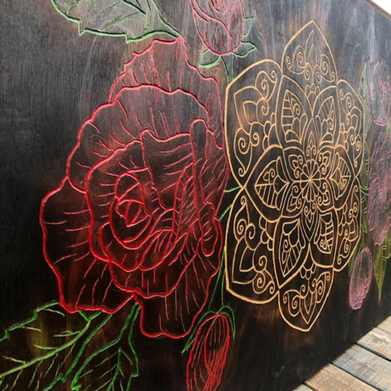Carved Mandala Roses Peonies Handmade Wood Burned Wall Art - East West Art Creations