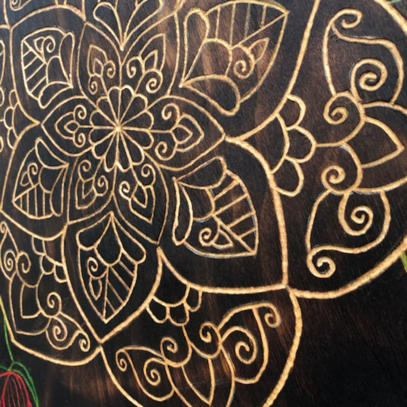 Carved Mandala Roses Peonies Handmade Wood Burned Wall Art - East West Art Creations
