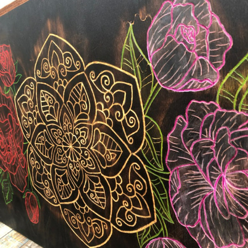 Carved Mandala Roses Peonies Handmade Wood Burned Wall Art - East West Art Creations