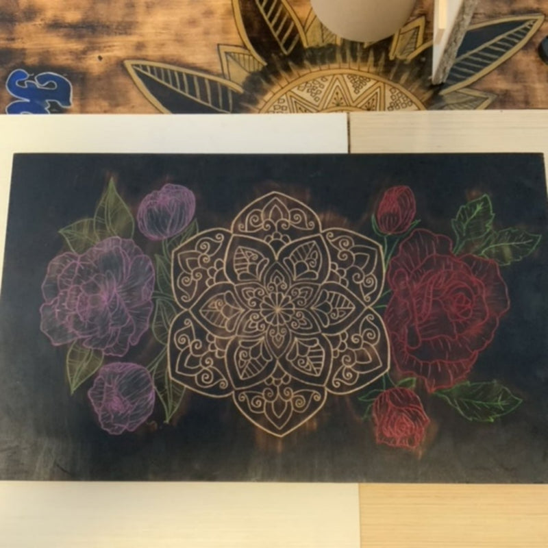 Carved Mandala Roses Peonies Handmade Wood Burned Wall Art - East West Art Creations