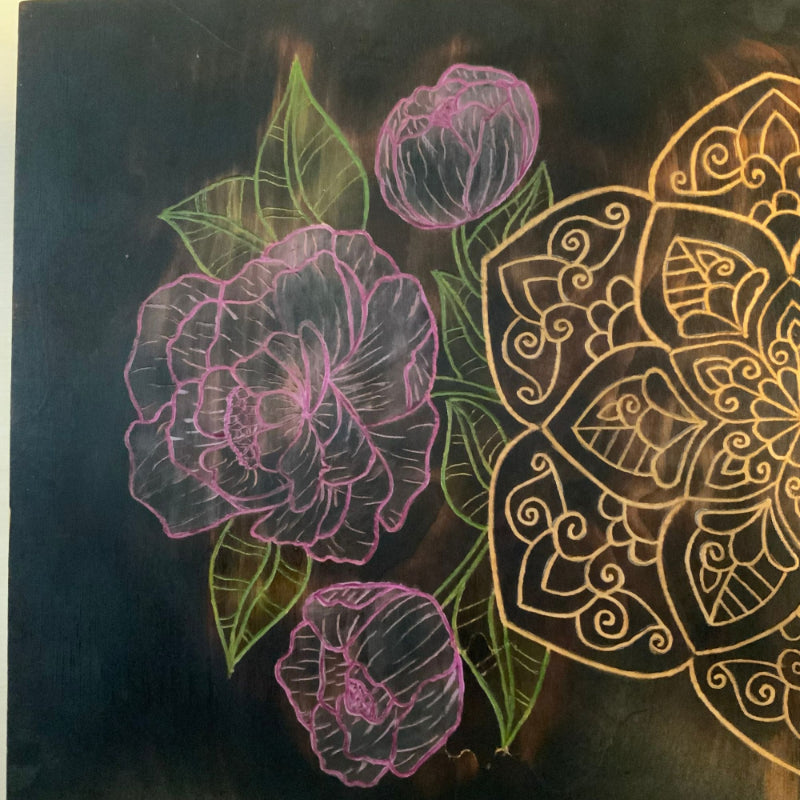Carved Mandala Roses Peonies Handmade Wood Burned Wall Art - East West Art Creations