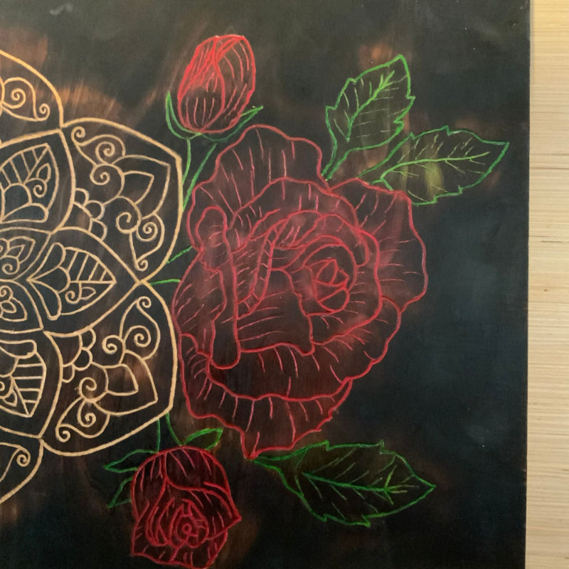 Carved Mandala Roses Peonies Handmade Wood Burned Wall Art - East West Art Creations