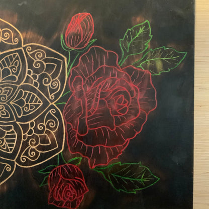 Carved Mandala Roses Peonies Handmade Wood Burned Wall Art - East West Art Creations