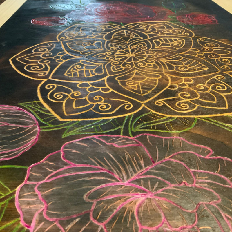 Carved Mandala Roses Peonies Handmade Wood Burned Wall Art - East West Art Creations