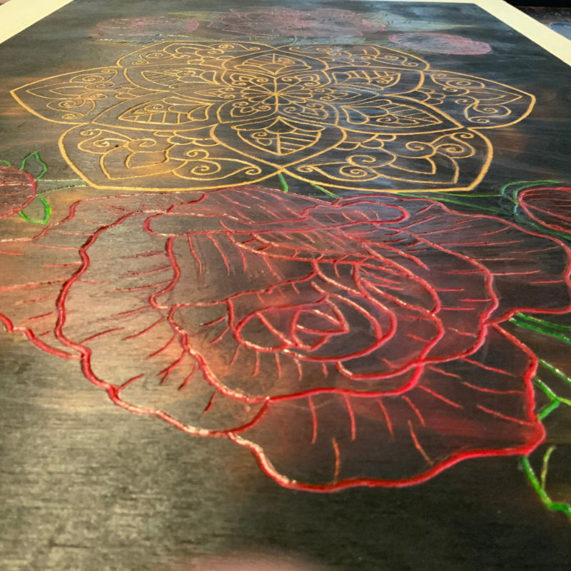 Carved Mandala Roses Peonies Handmade Wood Burned Wall Art - East West Art Creations