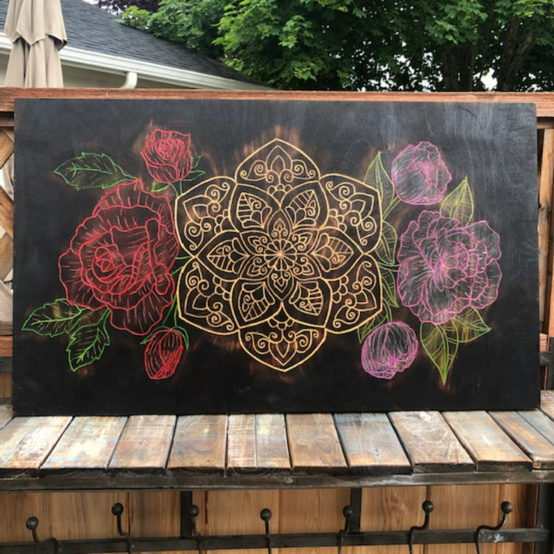 Carved Mandala Roses Peonies Handmade Wood Burned Wall Art - East West Art Creations