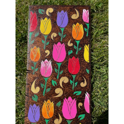 Friends of the Garden Tulips Garden Acrylic Paint on White Plywood Wood Burning Art - East West Art Creations