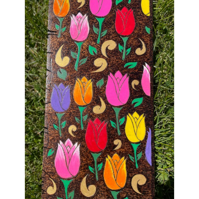 Friends of the Garden Tulips Garden Acrylic Paint on White Plywood Wood Burning Art - East West Art Creations