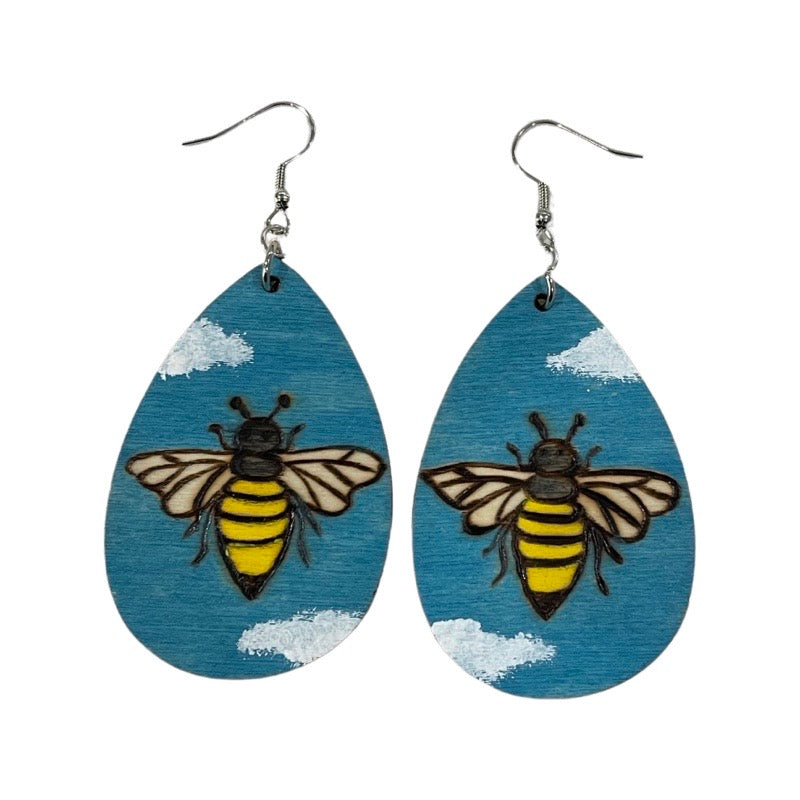 Honey Bees Earrings Handmade Wood Burned and painted Fashion Light Weight Teardrop
