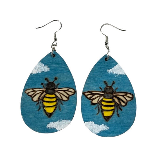 Pendientes de abejas de miel hechos a mano madera quemada y pintada moda lágrima ligera