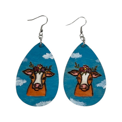 Cow Floral Earrings Handmade Wood Burned and painted Fashion Light Weight Teardrop