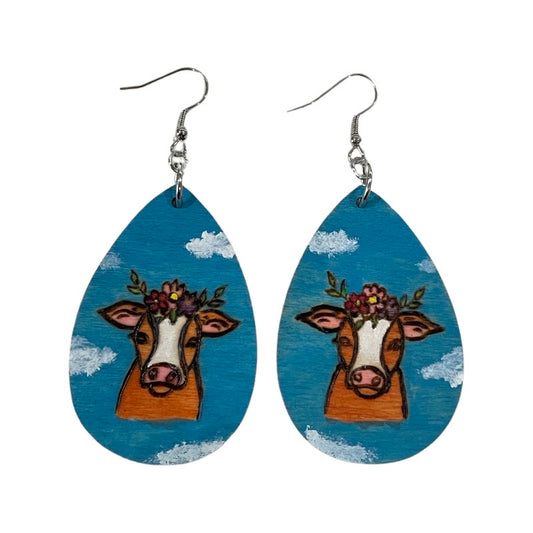 Pendientes florales de vaca madera hecha a mano quemada y pintada moda lágrima ligera