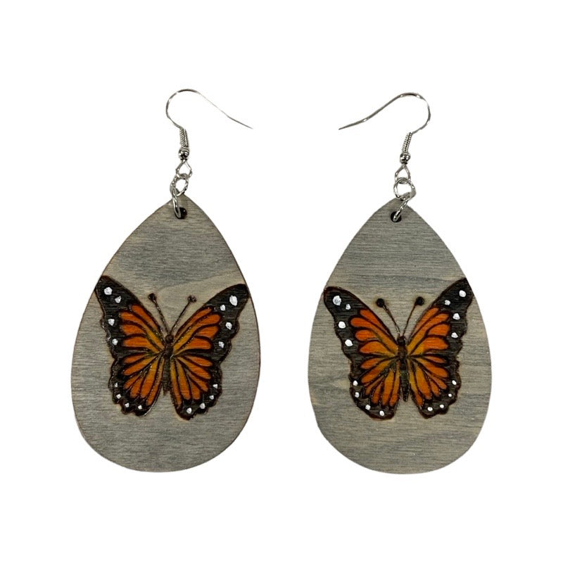 Butterfly Earrings Orange Handmade Wood Burned and painted Fashion Light Weight Teardrop