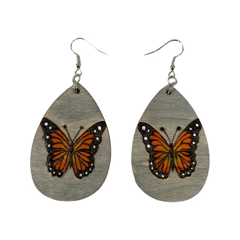 Pendientes de mariposa naranja madera hecha a mano quemada y pintada moda lágrima ligera