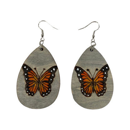 Pendientes de mariposa naranja madera hecha a mano quemada y pintada moda lágrima ligera
