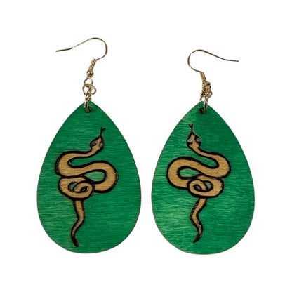 Pendientes de serpiente de color dorado hechos a mano madera quemada y pintada moda lágrima ligera