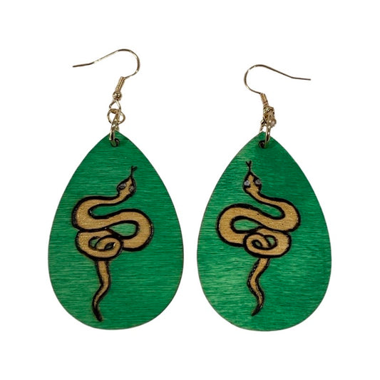 Pendientes de serpiente de color dorado hechos a mano madera quemada y pintada moda lágrima ligera